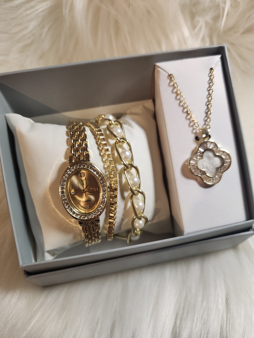 Gold Women's Watch and Bracelet Set with Pearl Accent
